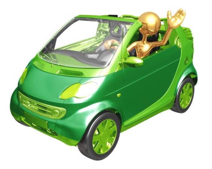 green vehicle, gold driver